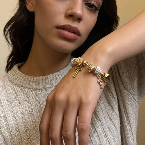 Gold Charm Bracelet for Women, Adjustable Cross Bracelet with Heart Charms & Bling Beads, Cute Dainty Jewelry Gift for Her