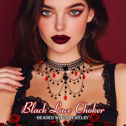 ACEDRE Gothic Lace Bead Choker Necklace Black Red Vampire Collar for Women | Halloween Victorian Costume Necklaces Jewelry