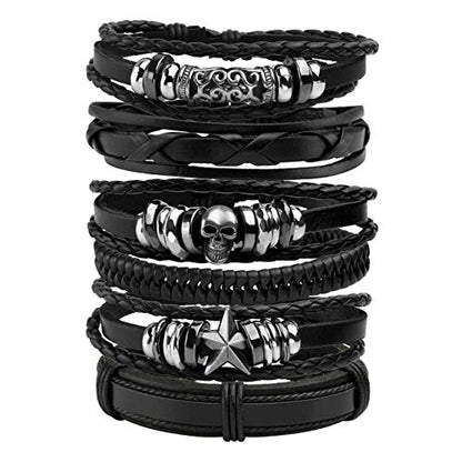6-12PCS Braided Faux Leather Bracelet Punk Cuff Wrap Bracelets for Men Women Adjustable - color: C:6pcs