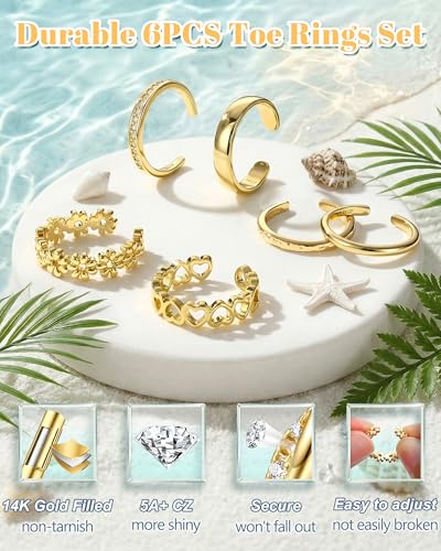 Besteel 6 PCS Toe Rings for Women - 14K Gold Filled Non Tarnish Waterproof | Adjustable Silver Toe Ring Simple Open Band Hug CZ Chunky Flower Toe Rings Set Trendy Summer Beach Foot Jewelry for Women - style: Gold: heart&flower toe ring