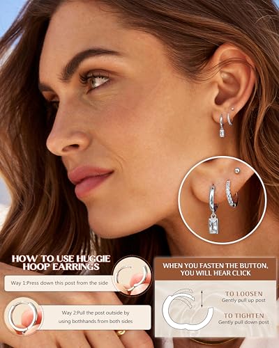 FIBO STEEL 14K Gold Plated Hoop Earrings with Charms for Women Huggie Hoops | Hypoallergenic 925 Sterling Silver Post Dangle Earrings Small Silver Gold Hoops Earring Cubic Zirconia Dangle Drop Jewelry - color: Baguette - Silver Plated
