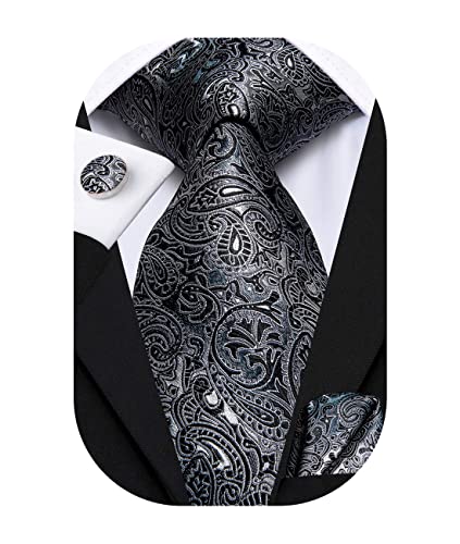 Hi-Tie Men 63inches Tie Set Extra Long Necktie Paisley Tie Pocket Suqare Cufflinks Big and Tall Men Tie - color: Black Grey
