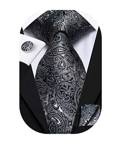 Hi-Tie Men 63inches Tie Set Extra Long Necktie Paisley Tie Pocket Suqare Cufflinks Big and Tall Men Tie - color: Black Grey