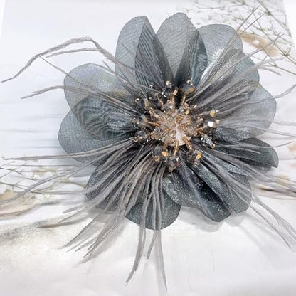4" Crystal Feather Flower Brooch Pin for Women Girls Dainty Bright Satin Rhinestone Floral Brooches Lapel Hair Pins Elegant Wedding Cocktail Prom Party Hat Bag Suit Clothing Dress Accessories Jewelry Gift - color: Grey