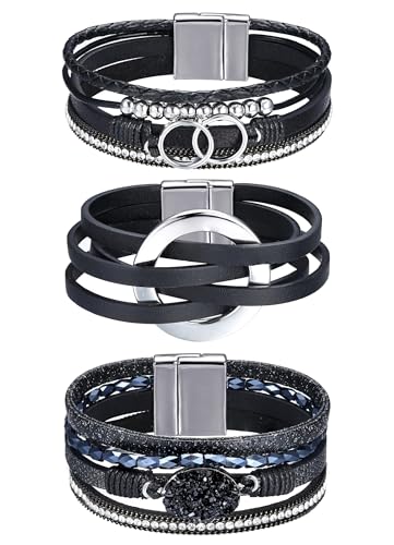 Sanfenly Leather Wrap Bracelets for Women,Boho Wrap Bracelets Leather Cuff Bangle Beads Bracelets Stackable Western Bracelets Jewelry for Women (Gold/Black/Gray/Turquoise) - color: Black Leather