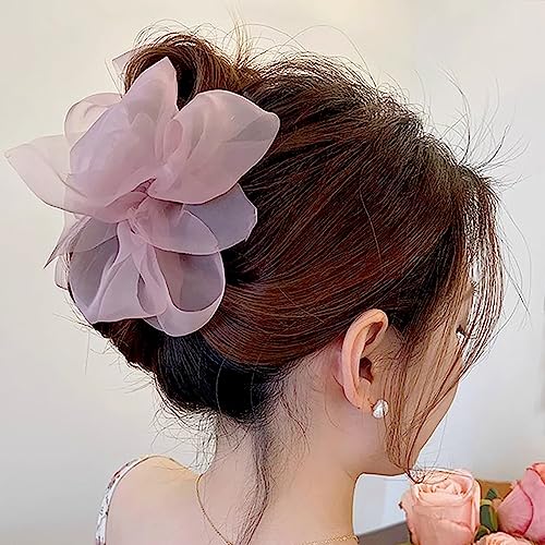 Elegant Mesh Tulle Hair Claws with Large Bowknot - Chiffon Hair Clips for Thick Hair and Women's Hair Accessories - color: pink