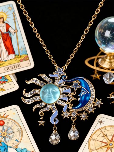 Vintage Exaggerated Sun God Face Pendant Necklace Lake Blue Crystal with Moon Star Details, Retro Metal Craft Jewelry for Women, Elegant for Daily Wear Special Occasions