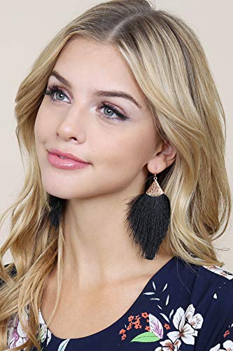 Bohemian Silky Thread Fan Fringe Tassel Statement Earrings - Lightweight Strand Feather Shape Dangles - color: Feather Fringe - Black