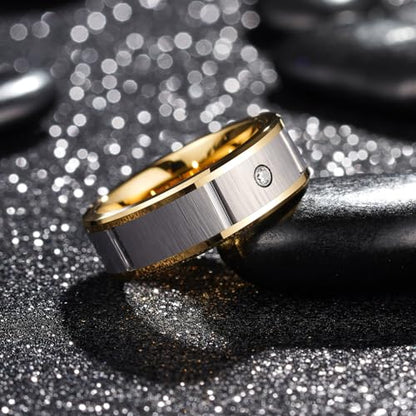 King Will Mens Tungsten Wedding Band with Cubic Zircon Inlay 7mm/8mm Flat Cut Comfort Fit Engagement Rings - color: B-Gunmetal&Gold Inlay-8mm