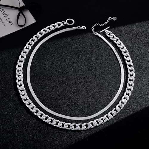 CHESKY 14K Gold Plated Chunky Necklace for Women, Trendy Toggle Clasp | Statement Pendant Necklace, Layered Paperclip Chain, Toggle Clasp Design, Thick Gold Chain, Non Tarnish Everyday Jewelry - color: silver, style: cuban+herringbone