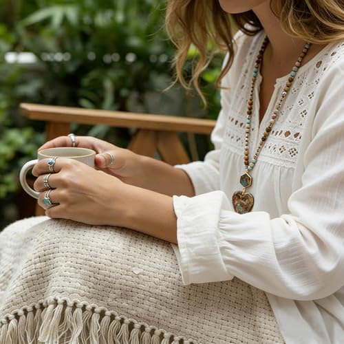 Yomisa Long Necklaces for Women Trendy, 33/34/35 inch | Boho Beaded Necklaces for Women, Natural Stone Pendant, Handmade Knotted Bead, Bohemian Holiday Summer Western Charm Jewelry - color: Love-Beige
