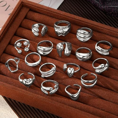 Chunky Rings for Women Non Tarnish 14k Stackable Dome Statement Rings Sets Vintage Dainty Knuckle Open Midi Finger Rings Jewelry Pack Gifts - style: Silvery 17 pieces