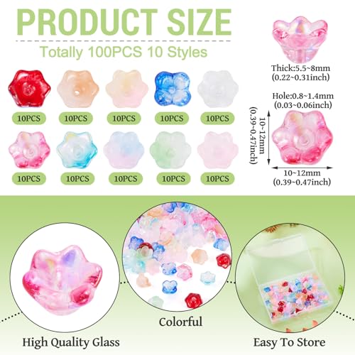 100Pcs Sparkle Glass Flower Beads Caps for Jewelry Making Cute Bell Flower Glass Beads Bulk Crystal Fishing Bead for Wind Chimes Handmade Earring Crafts Supplies - color: Colorful