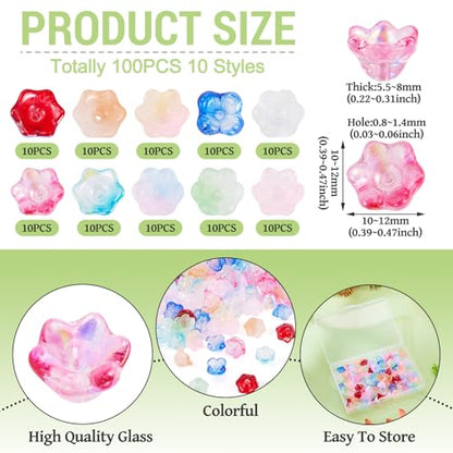 100Pcs Sparkle Glass Flower Beads Caps for Jewelry Making Cute Bell Flower Glass Beads Bulk Crystal Fishing Bead for Wind Chimes Handmade Earring Crafts Supplies - color: Colorful