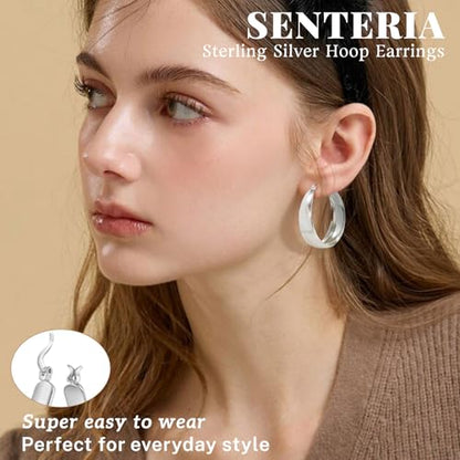 Senteria 12mm Wide Thick Sterling Silver Hoop Earrings Hypoallergenic | 14K Real Gold Plated Hoops Large Earring Lightweight Chunky Hoops Earring for Women Gift for Birthday Christmas 25/30/40/50MM - color: Silver-40mm