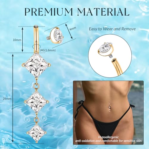 GAGABODY G23 Titanium Dangly Belly Button Ring Long Belly Rings Belly Piercing Jewelry 14G 3/8 inch 10mm Navel Barbell CZ Navel Piercing Ring - color: Style1:Gold+Dangle Square Shape Clear CZ