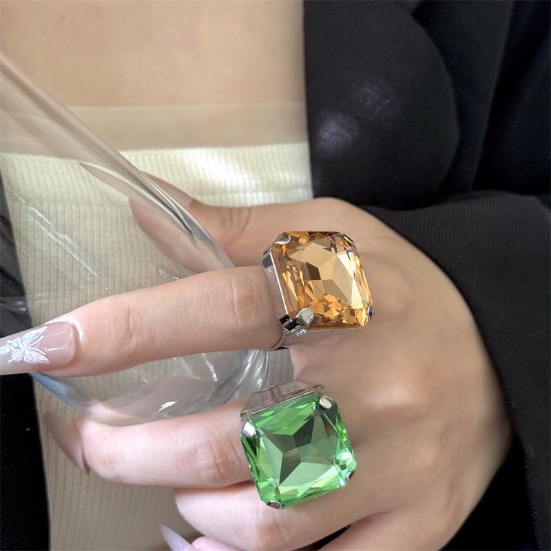 Square Large Rhinestone Exaggerated Statement Ring for Women Sparkling Thick Chunky Geometric Big Crystal Stone Finger Knuckle Band Rings Open Adjustable Wedding Brides Cocktail Prom Party Jewelry - color: Green