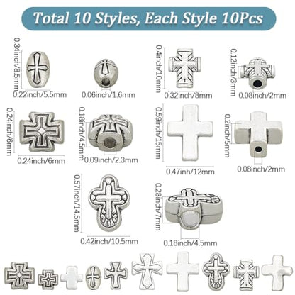 SUNNYCLUE 1 Box 100Pcs Metal Cross Beads Small Crucifix Beads Alloy Easter Gothic Antique Silver Tibetan Style Large Hole Loose Smooth Spacers for Jewelry Making Bracelets Necklace Crafts Accessories