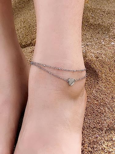 FaithHeart Waterproof Ankle Bracelets for Women, 1/2/3Pcs Non Tarnish Stainless Steel Layered Anklet Set Paperclip Figaro Cuban Link Chain Dainty Summer Beach Jewelry Gift Adjustable Size - style: b.Heart - Silver