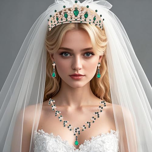 Crystal Crown and Tiara Jewelry Set for Women Bride with Necklace Earrings | Metal Rhinestone Royal Queen Princess Jewelry Set Wedding Quinceanera Pageant Prom Birthday Halloween Party Costume Gift - color: Green