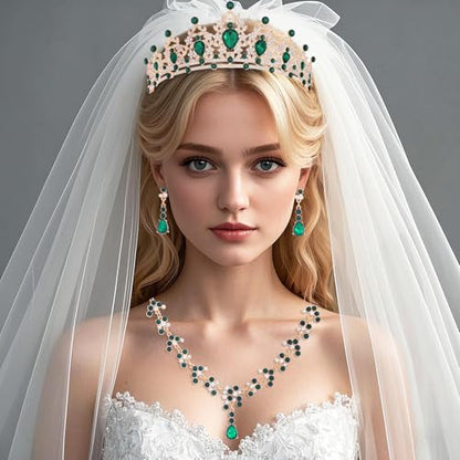 Crystal Crown and Tiara Jewelry Set for Women Bride with Necklace Earrings | Metal Rhinestone Royal Queen Princess Jewelry Set Wedding Quinceanera Pageant Prom Birthday Halloween Party Costume Gift - color: Green