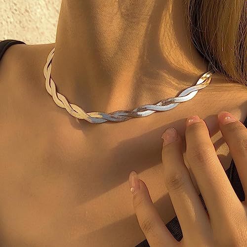 Gold Snake Chain Necklace Double Layer Twist Herringbone Choker Necklace Flat Herringbone Chain Necklace Layered Knot Snake Chain Collar Necklace Jewelry for Women Girls - color: Silver