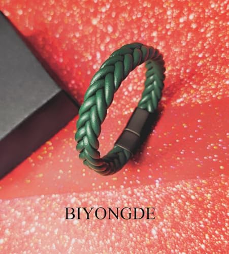 Handmade Braided Leather Bracelet, Black Stainless Steel Clasp, Mens, Cool Classic Stylish - color: Green