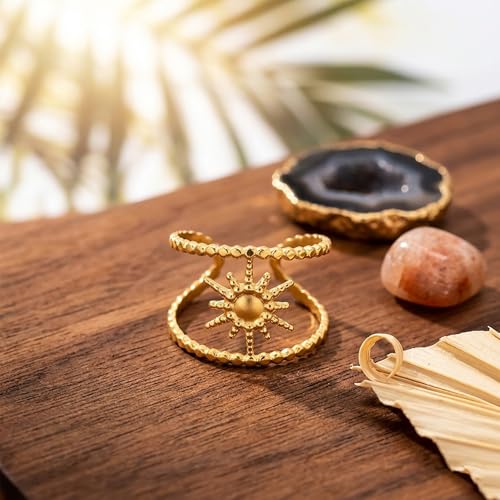 AeraVida Gold Plated Sunburst Ring Adjustable 7-9 (Adjustable), Stainless Steel Double Layer Ring, Celestial Sun Jewelry, Open Band Fashion Ring