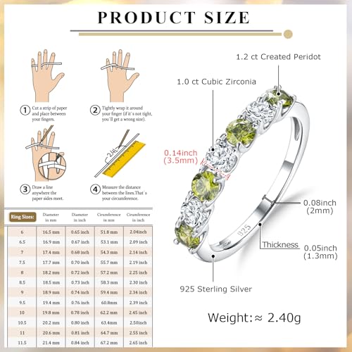 Birthstone Wedding Band Eternity Rings 925 Sterling Silver Rings Stackable Anniversary Engagement Rings Cubic Zirconia Inlaid Created Garnet/Amethyst/Sapphire Ring 7 Stone Ring, Size 6 to 10 - color: Peridot & 5A CZ