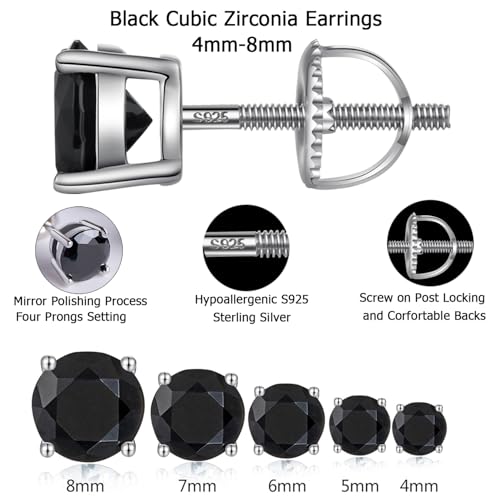 Jiamiaoi Stud Earrings Screw Back Sterling Silver Cubic Zirconia Stud Earrings Set 4 Millimeters-8 Millimeters Nickle Free Hypoallergenic Earring Studs - color: C-Round Black, size: 6mm