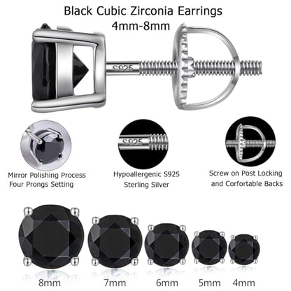 Jiamiaoi Stud Earrings Screw Back Sterling Silver Cubic Zirconia Stud Earrings Set 4 Millimeters-8 Millimeters Nickle Free Hypoallergenic Earring Studs - color: C-Round Black, size: 6mm