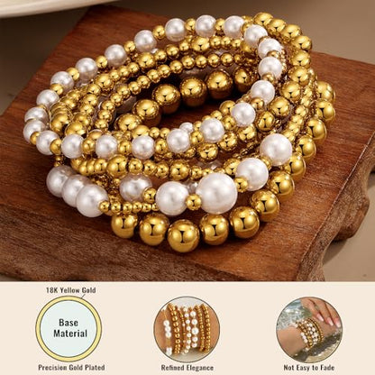 KISS WIFE Gold Beaded Bracelets for Women, Stackable Stretch Bracelet Set | 13 stretch bracelets combine polished gold-tone beads and faux pearls for stacked or individual everyday styling. - color: Gold Stainless Steel