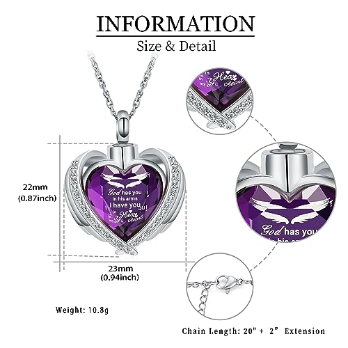 shajwo Cremation Heart Urn Necklace Ashes Jewelry for Women Men Keepsake Pendant Memorial Locket Ash Holder - color: Wing-G Purple