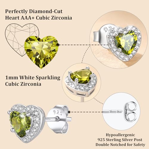 Bestyle 8mm Small Birthstone Earrings for Women with Hypoallergenic Sterling Silver Post,Sparkle Heart/Round Womens Studs Earrings, Great Birthday/Christmas/Anniversary Jewelry for Wife Mother - color: 08. Aug.Peridot-Heart