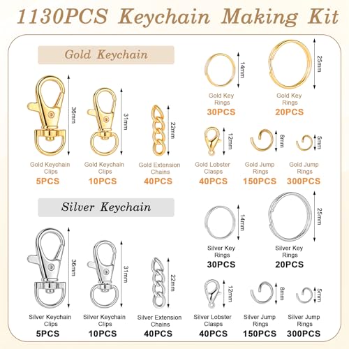 BESARME 1130PCS Keychain Making Kit Jump Rings for Jewelry DIY Key chain Supplies with Keyrings Bulk, Metal Lobster Claw Clasp, Swivel Snap Hook, Extender Chain for Crafts Accessories（Gold and Silver） - color: Gold and Silver