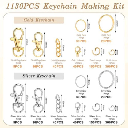 BESARME 1130PCS Keychain Making Kit Jump Rings for Jewelry DIY Key chain Supplies with Keyrings Bulk, Metal Lobster Claw Clasp, Swivel Snap Hook, Extender Chain for Crafts Accessories（Gold and Silver） - color: Gold and Silver