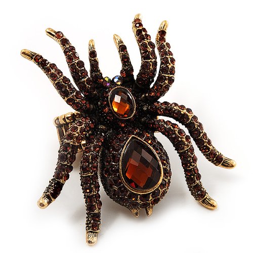 Avalaya Oversized Amber Coloured Crystal Spider Stretch Cocktail Ring (Antique Gold Tone)