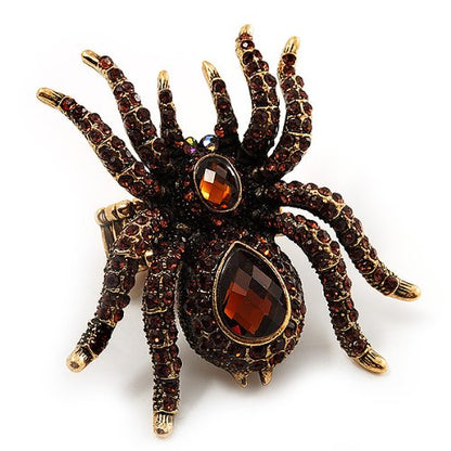 Avalaya Oversized Amber Coloured Crystal Spider Stretch Cocktail Ring (Antique Gold Tone)