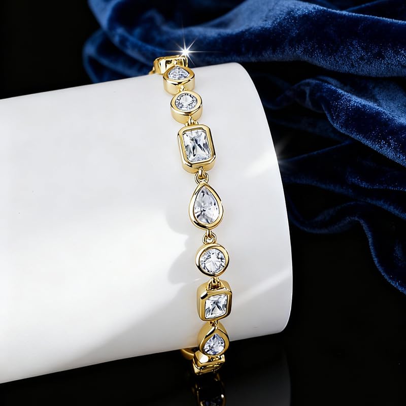 Bracelet for Women, Gold Plated 5A Cubic Zirconia Bracelets Adjustable Teardrop Square Triplet April Birthstone Jewelry - color: triplet-gold plated