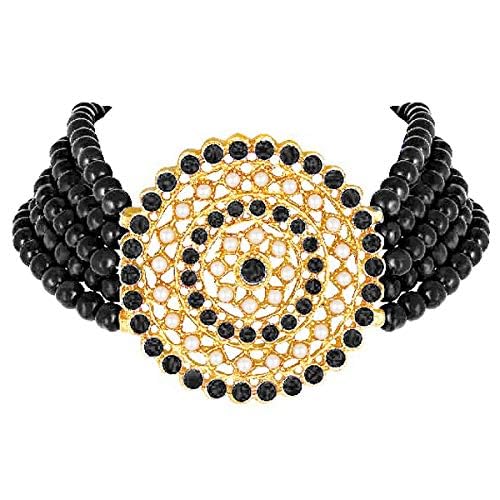 Aheli Pearl Diamond Choker Necklace & Round Earrings Gift for Women Indian Traditional Bollywood Fashion Bharatanatyam jewellery set - color: Black