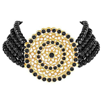 Aheli Pearl Diamond Choker Necklace & Round Earrings Gift for Women Indian Traditional Bollywood Fashion Bharatanatyam jewellery set - color: Black