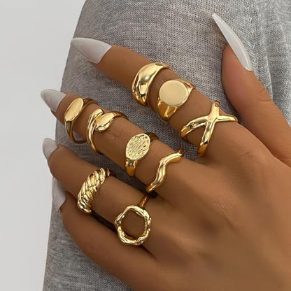Chunky Rings for Women Non Tarnish 14k Stackable Dome Statement Rings Sets Vintage Dainty Knuckle Open Midi Finger Rings Jewelry Pack Gifts - style: 9PCS