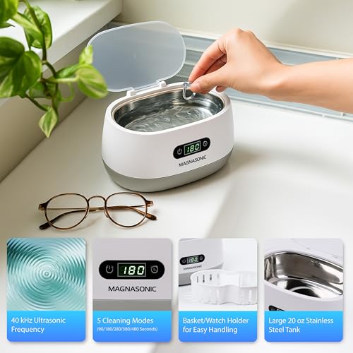Magnasonic Ultrasonic Cleaner - 20oz Tank Ultrasonic Retainer Cleaner w/ 8oz Gem & Jewelry Cleaner Concentrate Solution, Digital Timer, 5 Cleaning Modes for Glasses, Rings, Dentures, Tools, Aligners - color: White, size: Ultrasonic Machine and Cleaning So