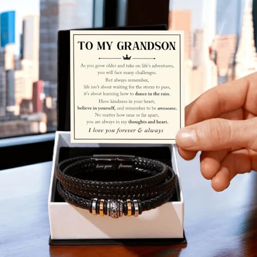 To My GrandSon Bracelet – Love You Forever Braided Leather Bracelet, Meaningful GrandSon Gift from Grandpa & Grandma with Heartfelt Message Card & Elegant Gift Box for Birthday, Christmas - color: Version#7