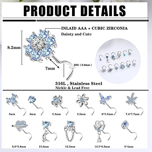 Sanfenly 12 PCS 20G Nose Rings Surgical Stainless Steel, L Shaped Nose Studs for Women Men, CZ Heart Butterfly Flower Leaf Moon Dangle Cute Nose Piercings Studs Screw Jewelry Pink/Purple/Blue/Clear - color: Screw Blue