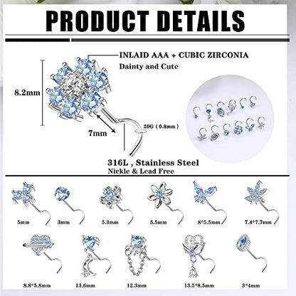 Sanfenly 12 PCS 20G Nose Rings Surgical Stainless Steel, L Shaped Nose Studs for Women Men, CZ Heart Butterfly Flower Leaf Moon Dangle Cute Nose Piercings Studs Screw Jewelry Pink/Purple/Blue/Clear - color: Screw Blue