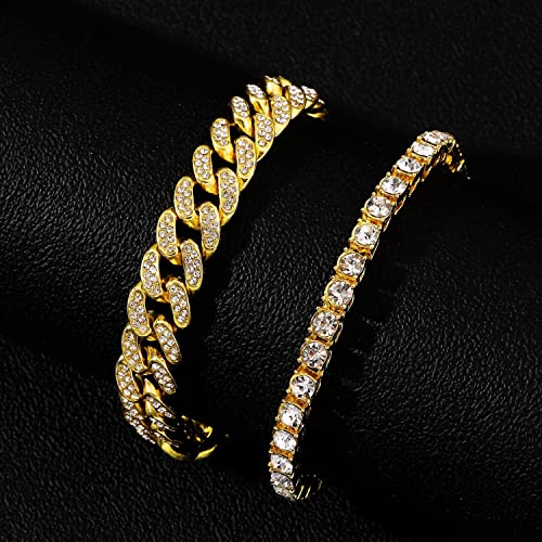 HH BLING EMPIRE 14K Gold and Silver Bracelets Diamond Tennis and Cuban Link Bracelet for Men Women Hip Hop Jewelry - color: Set A-Gold, size: 7.5"