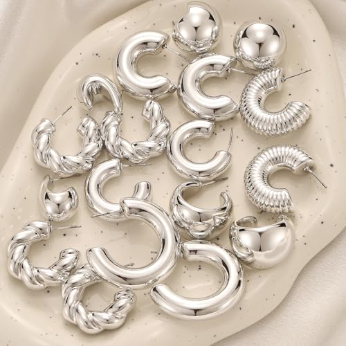 IFKM 24 Pairs Gold Hoop Earrings Set for Women Hypoallergenic Chunky Chain Twisted Open Hoops Dangle Earring Packs for Birthday Party Christmas Fashion Jewelry Gift - color: 9 Pairs Silver