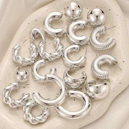IFKM 24 Pairs Gold Hoop Earrings Set for Women Hypoallergenic Chunky Chain Twisted Open Hoops Dangle Earring Packs for Birthday Party Christmas Fashion Jewelry Gift - color: 9 Pairs Silver