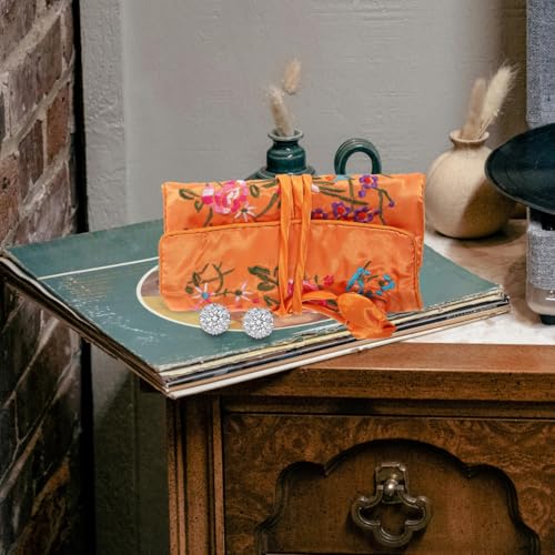 Cabilock Embroidered Jewelry Roll Bag Handmade Flower Brocade Jewelry Bag Organizer with Zip Pocket Travel Pouch for Earrings Bracelets Necklaces Cosmetic Brushes 10.62 X 7.87 X 0.19 in